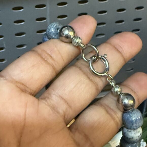 Handcrafted Chunky Ceramic Beaded Necklace – Blue & Cream Statement Jewelry - Picture 7 of 12